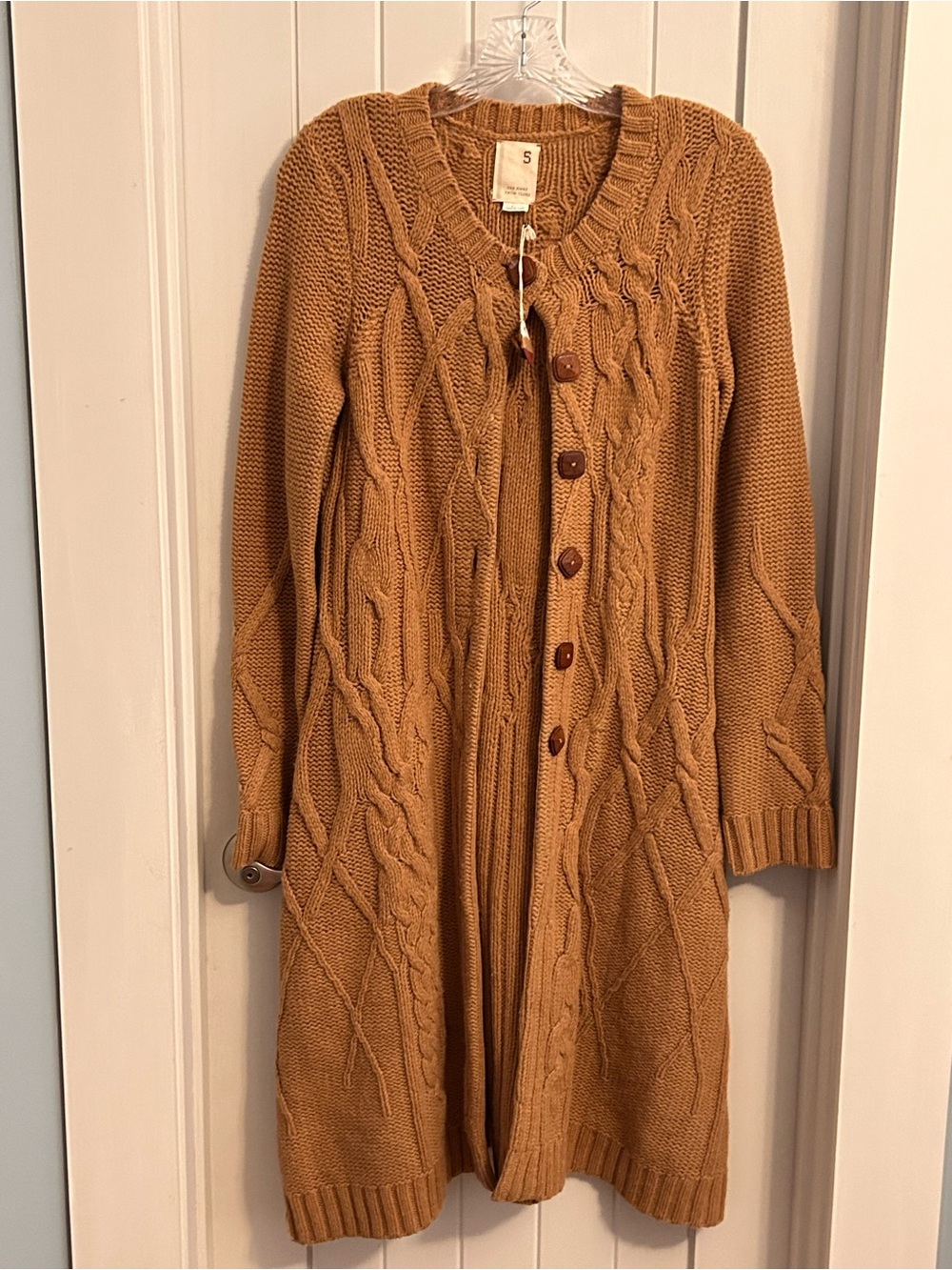 NWOT Anthropologie Far Away From Close Cable Knit Sweater‎ Coat Tan Wool Small